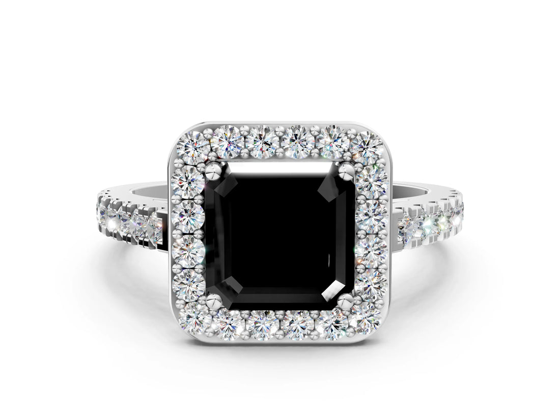 White gold Fancy Black Asscher Cut Halo Diamond Ring with Pavé Band and Three-Prong Setting_12