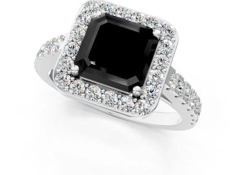 White gold Fancy Black Asscher Cut Halo Diamond Ring with Pavé Band and Three-Prong Setting_1