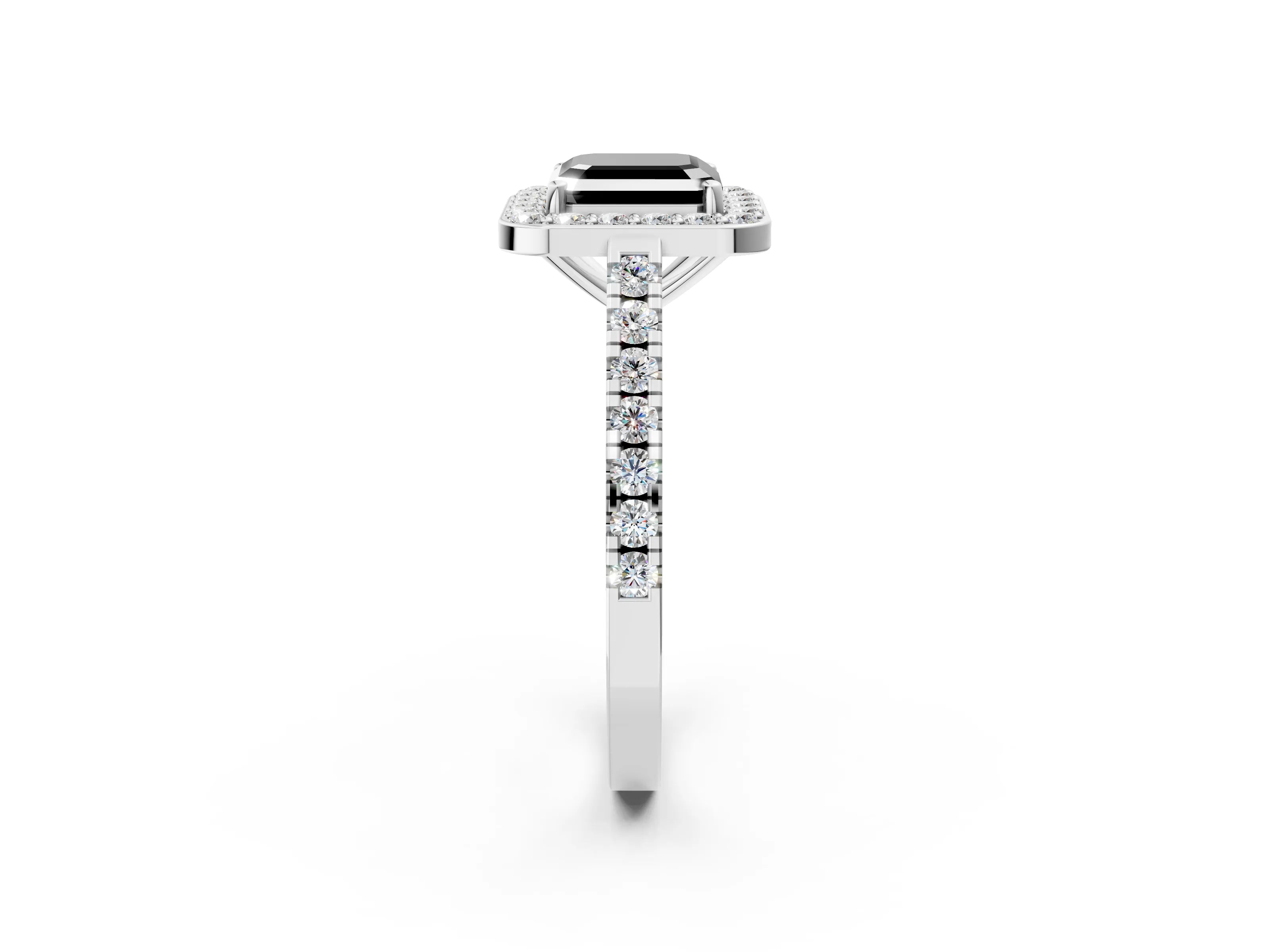 White gold Fancy Black Asscher Cut Halo Diamond Ring with Pavé Band and Three-Prong Setting_2