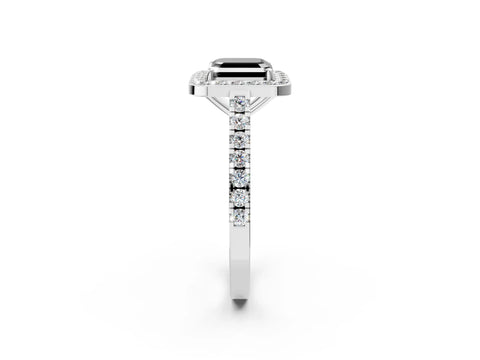 White gold Fancy Black Asscher Cut Halo Diamond Ring with Pavé Band and Three-Prong Setting_2