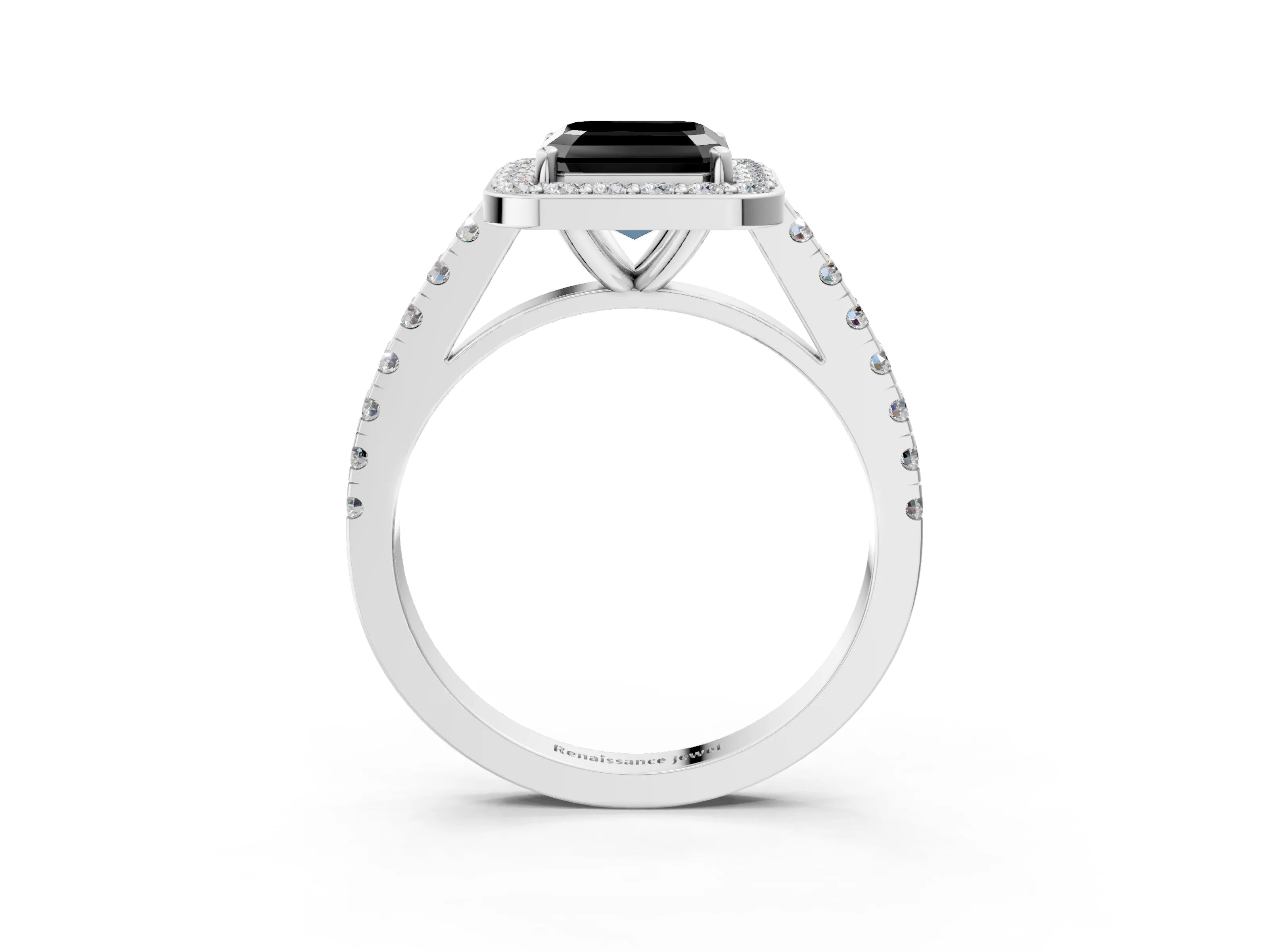 White gold Fancy Black Asscher Cut Halo Diamond Ring with Pavé Band and Three-Prong Setting_3