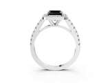 White gold Fancy Black Asscher Cut Halo Diamond Ring with Pavé Band and Three-Prong Setting_3