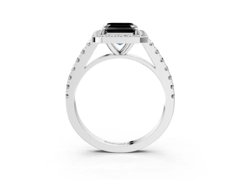 White gold Fancy Black Asscher Cut Halo Diamond Ring with Pavé Band and Three-Prong Setting_3