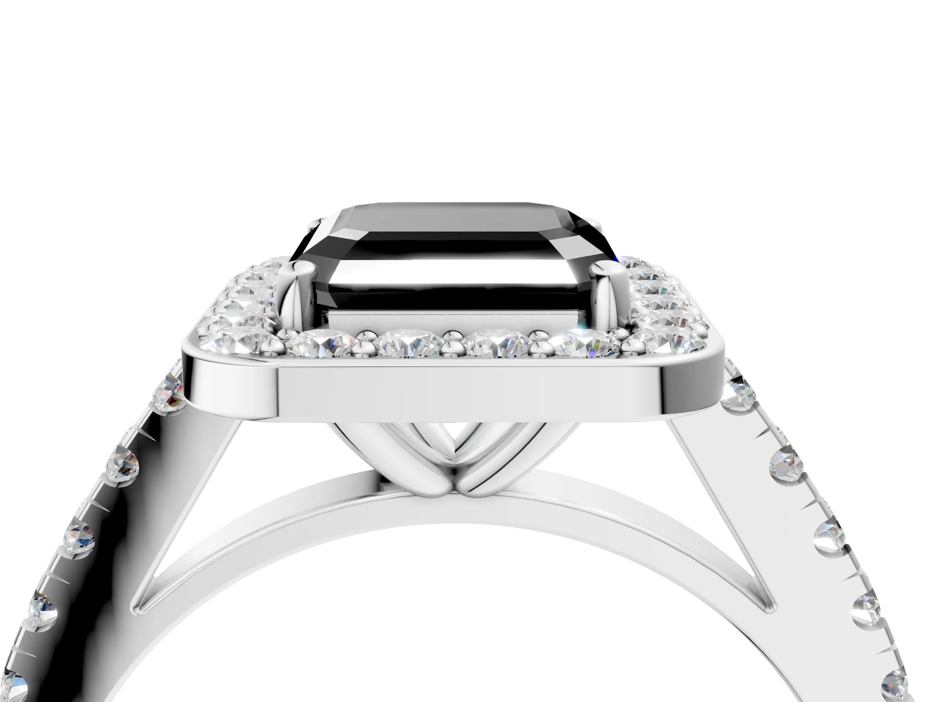 White gold Fancy Black Asscher Cut Halo Diamond Ring with Pavé Band and Three-Prong Setting_4