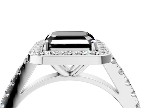 White gold Fancy Black Asscher Cut Halo Diamond Ring with Pavé Band and Three-Prong Setting_4