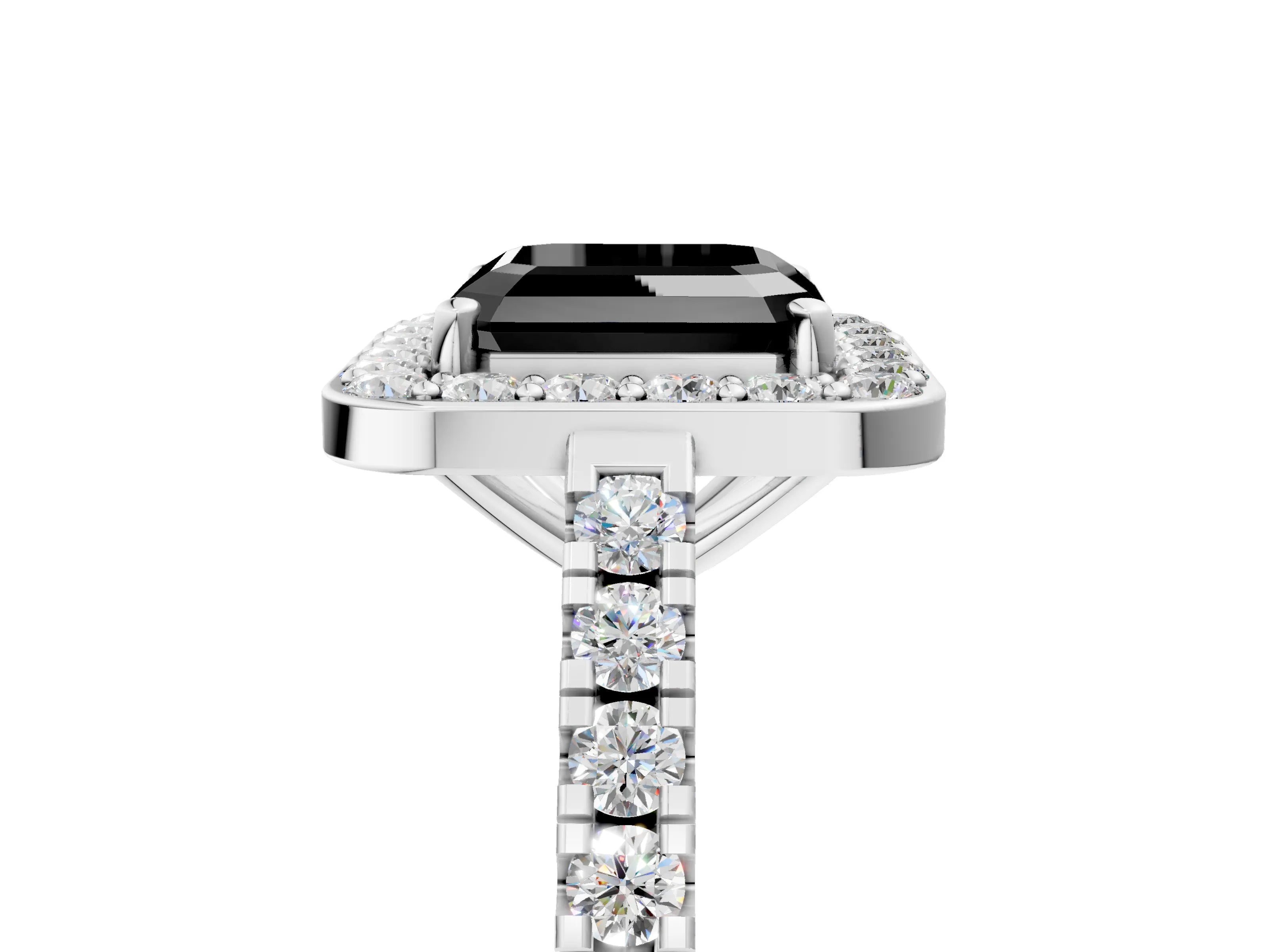 White gold Fancy Black Asscher Cut Halo Diamond Ring with Pavé Band and Three-Prong Setting_5