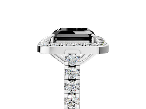 White gold Fancy Black Asscher Cut Halo Diamond Ring with Pavé Band and Three-Prong Setting_5