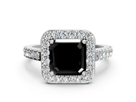 White gold Fancy Black Asscher Cut Halo Diamond Ring with Pavé Band and Three-Prong Setting