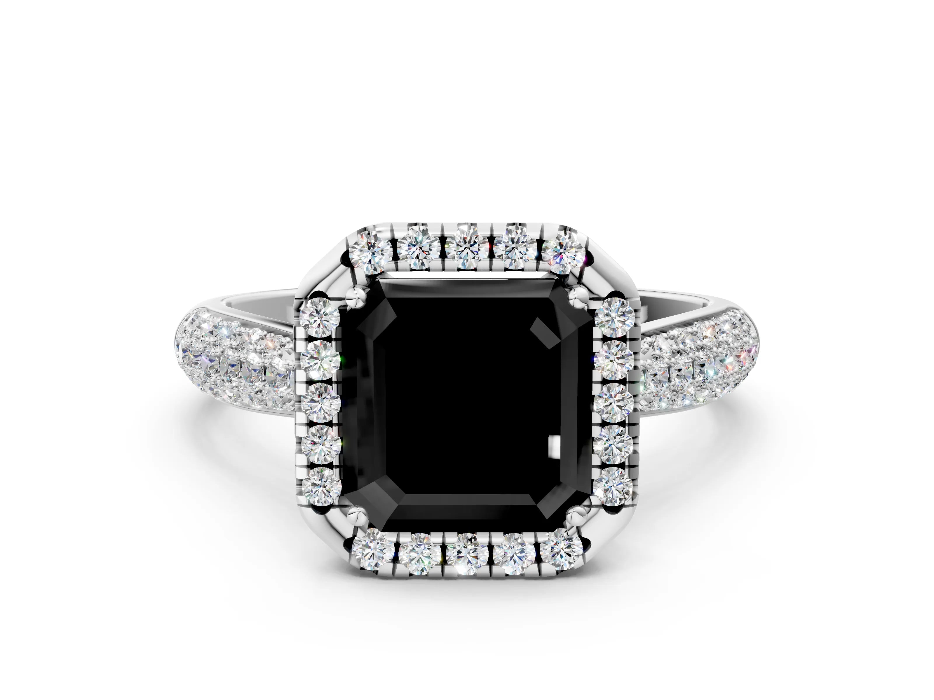 White gold Fancy Black Asscher Cut Halo Diamond Ring with Pavé Band_12