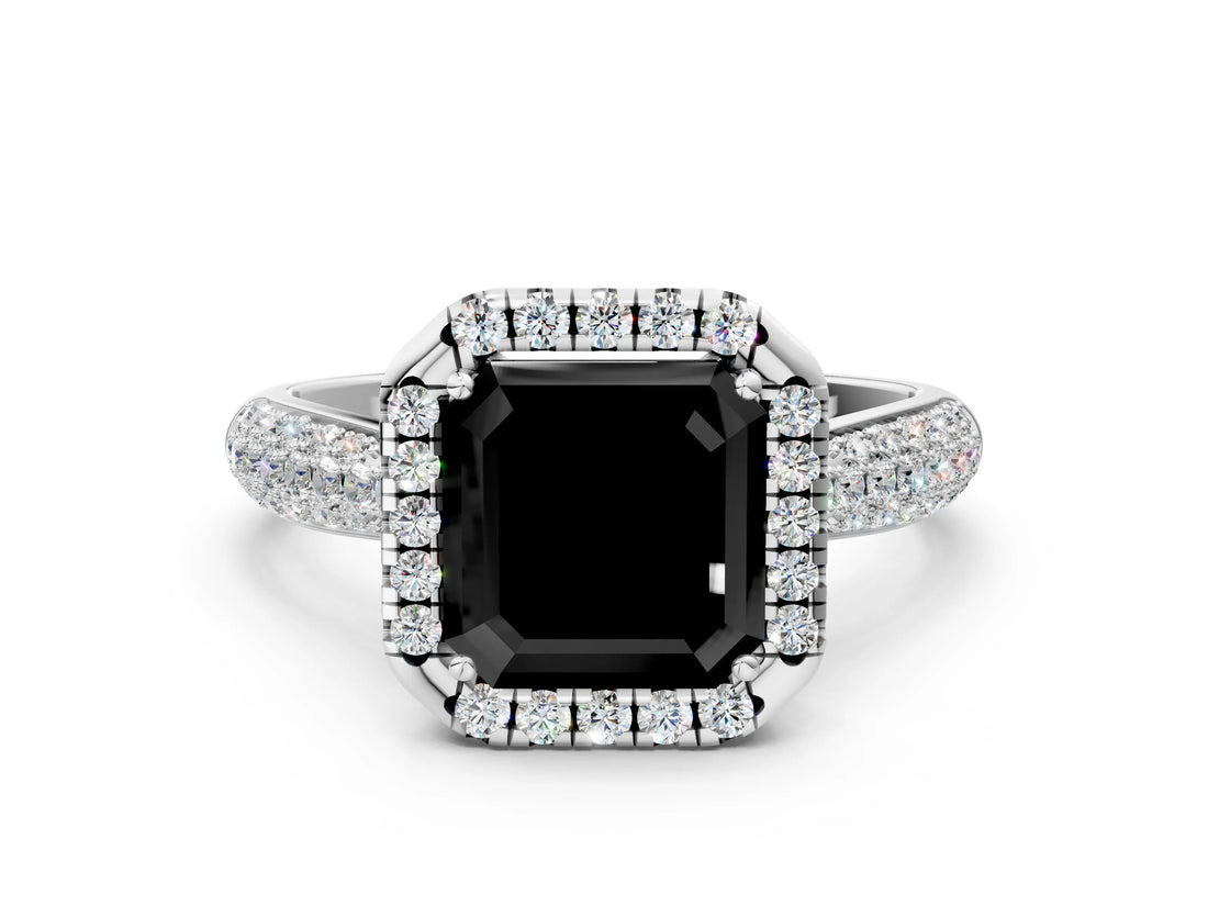 White gold Fancy Black Asscher Cut Halo Diamond Ring with Pavé Band_12