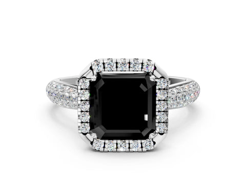 White gold Fancy Black Asscher Cut Halo Diamond Ring with Pavé Band_12