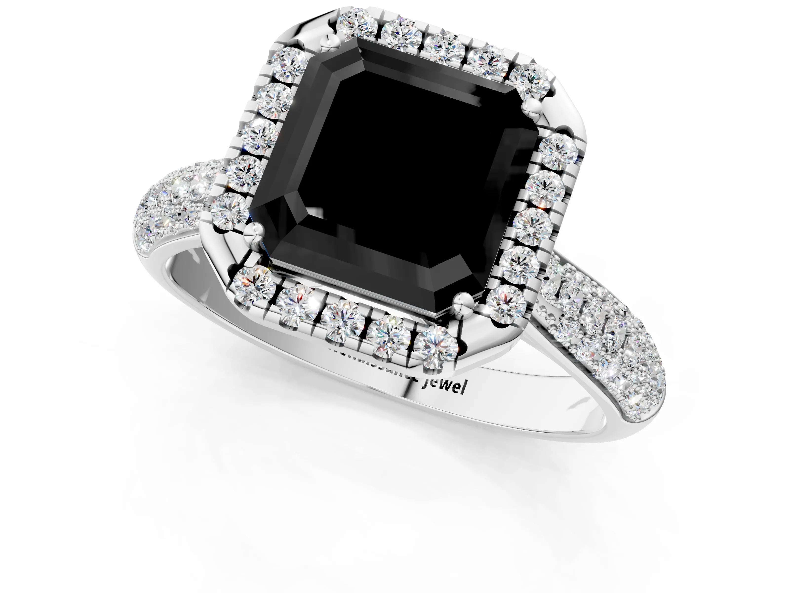 White gold Fancy Black Asscher Cut Halo Diamond Ring with Pavé Band_13