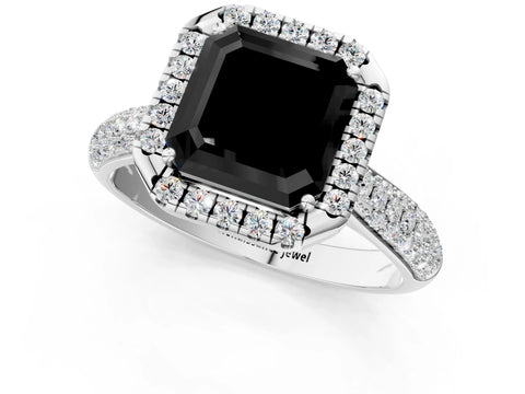 White gold Fancy Black Asscher Cut Halo Diamond Ring with Pavé Band_13