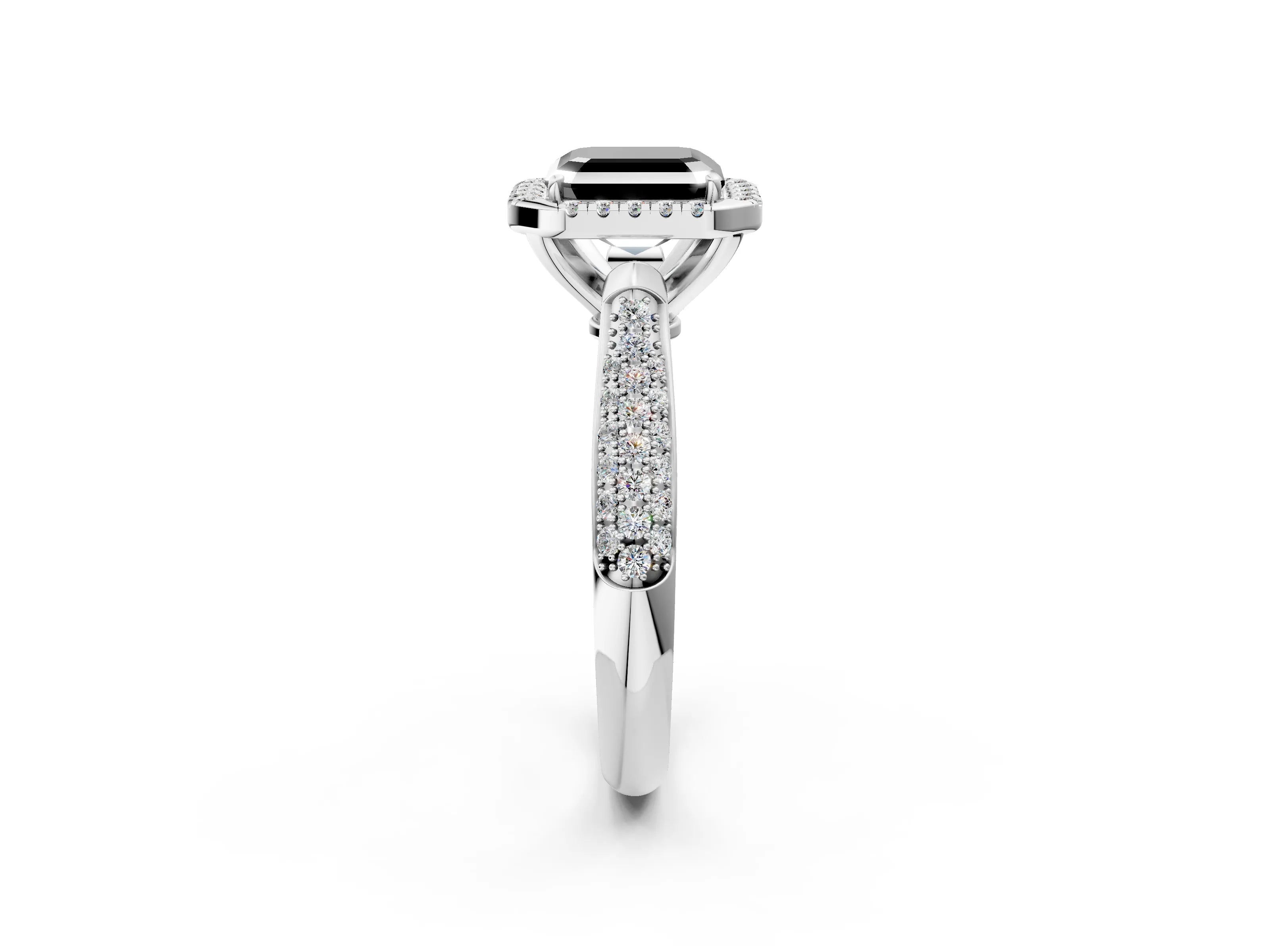 White gold Fancy Black Asscher Cut Halo Diamond Ring with Pavé Band_14