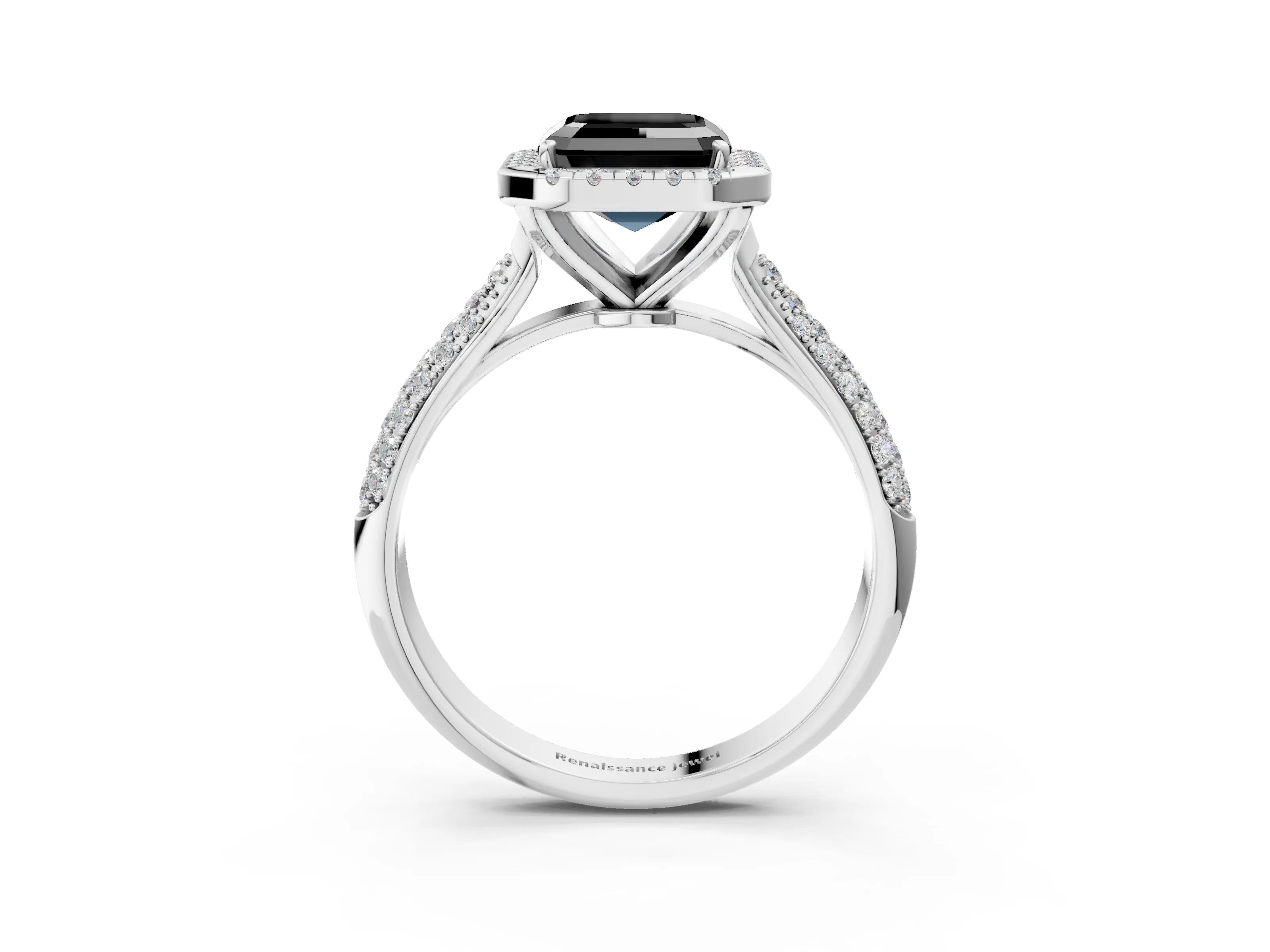 White gold Fancy Black Asscher Cut Halo Diamond Ring with Pavé Band_15