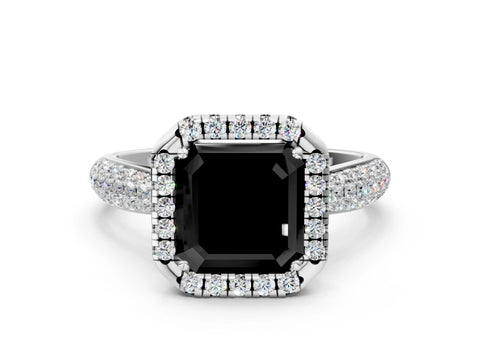 White gold Fancy Black Asscher Cut Halo Diamond Ring with Pavé Band