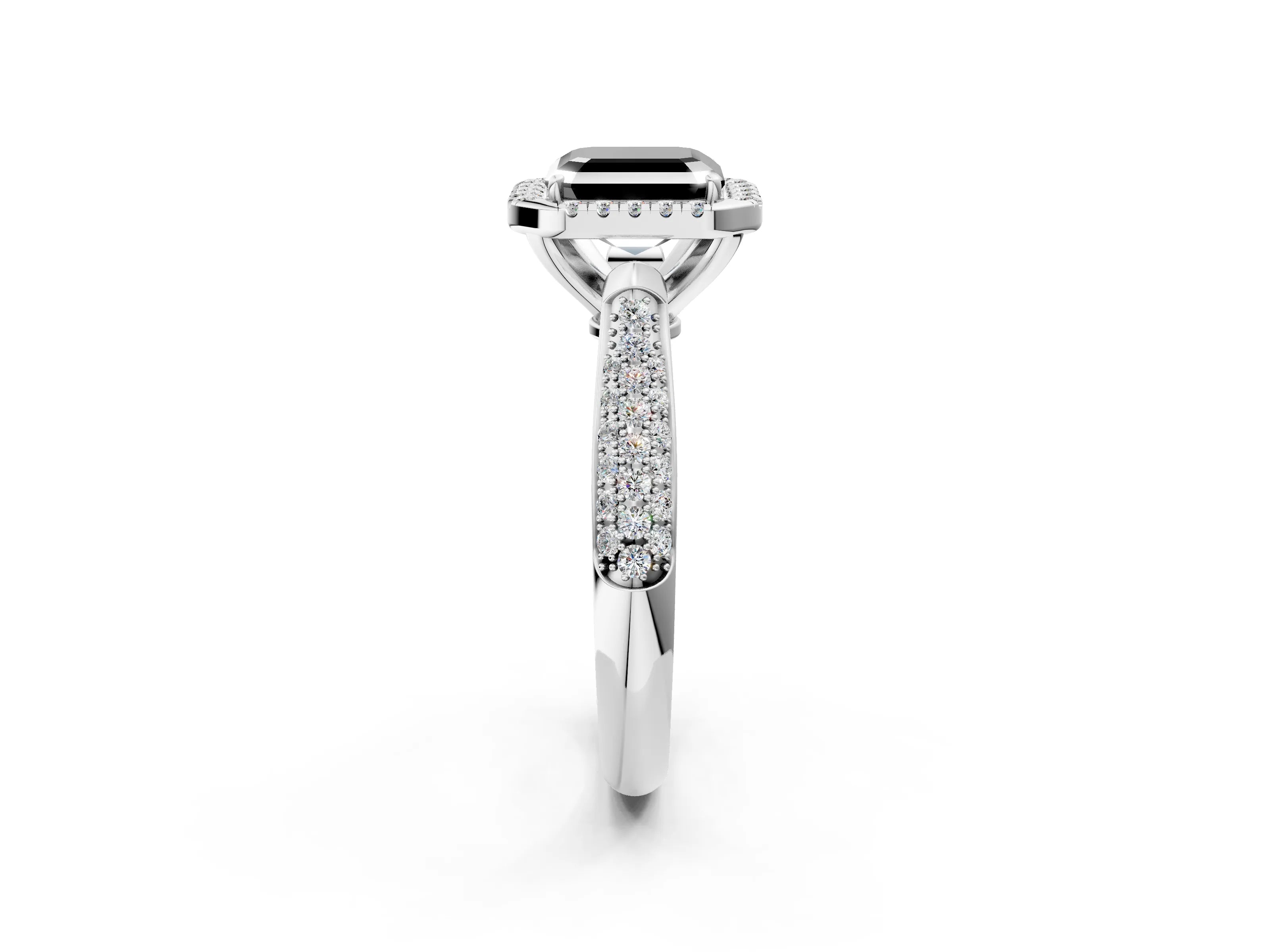 White gold Fancy Black Asscher Cut Halo Diamond Ring with Pavé Band_2