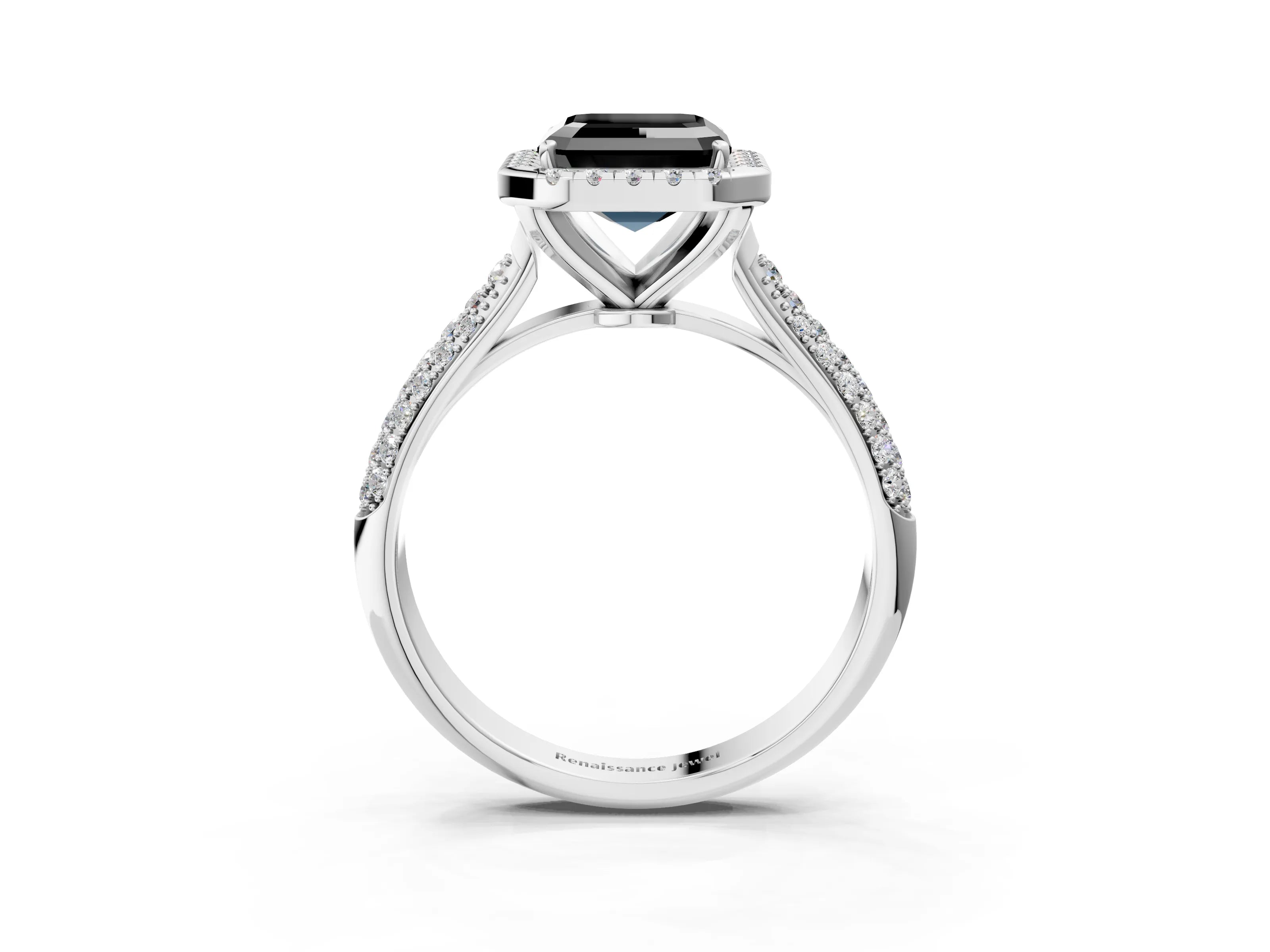 White gold Fancy Black Asscher Cut Halo Diamond Ring with Pavé Band_3