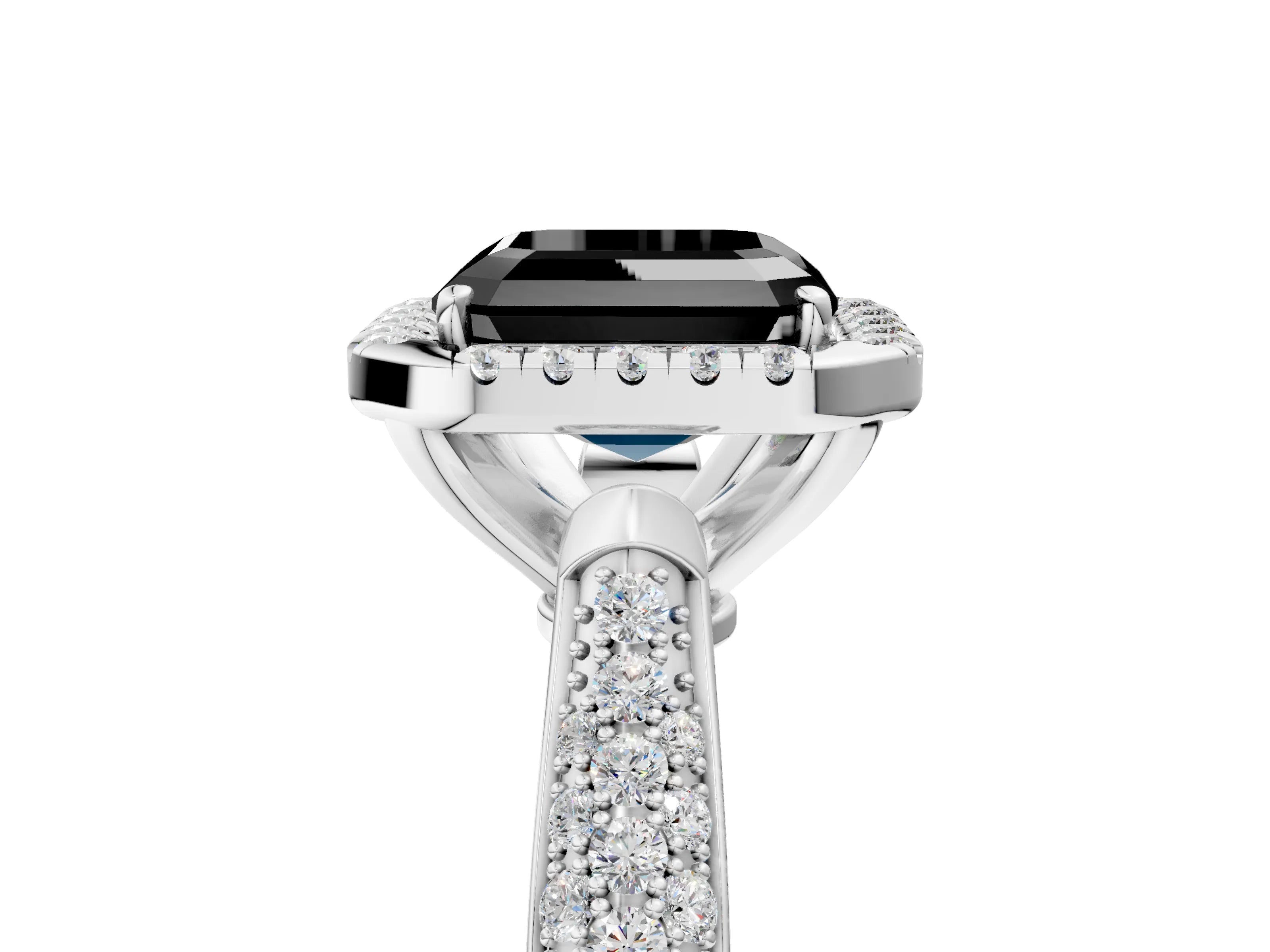 White gold Fancy Black Asscher Cut Halo Diamond Ring with Pavé Band_5