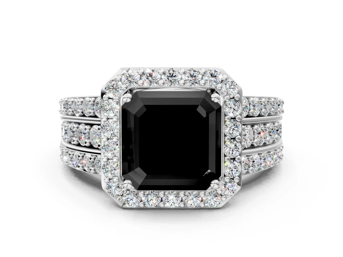 White gold Fancy Black Asscher Cut Halo Diamond Ring with Round  Split Shank and Prong Setting_48