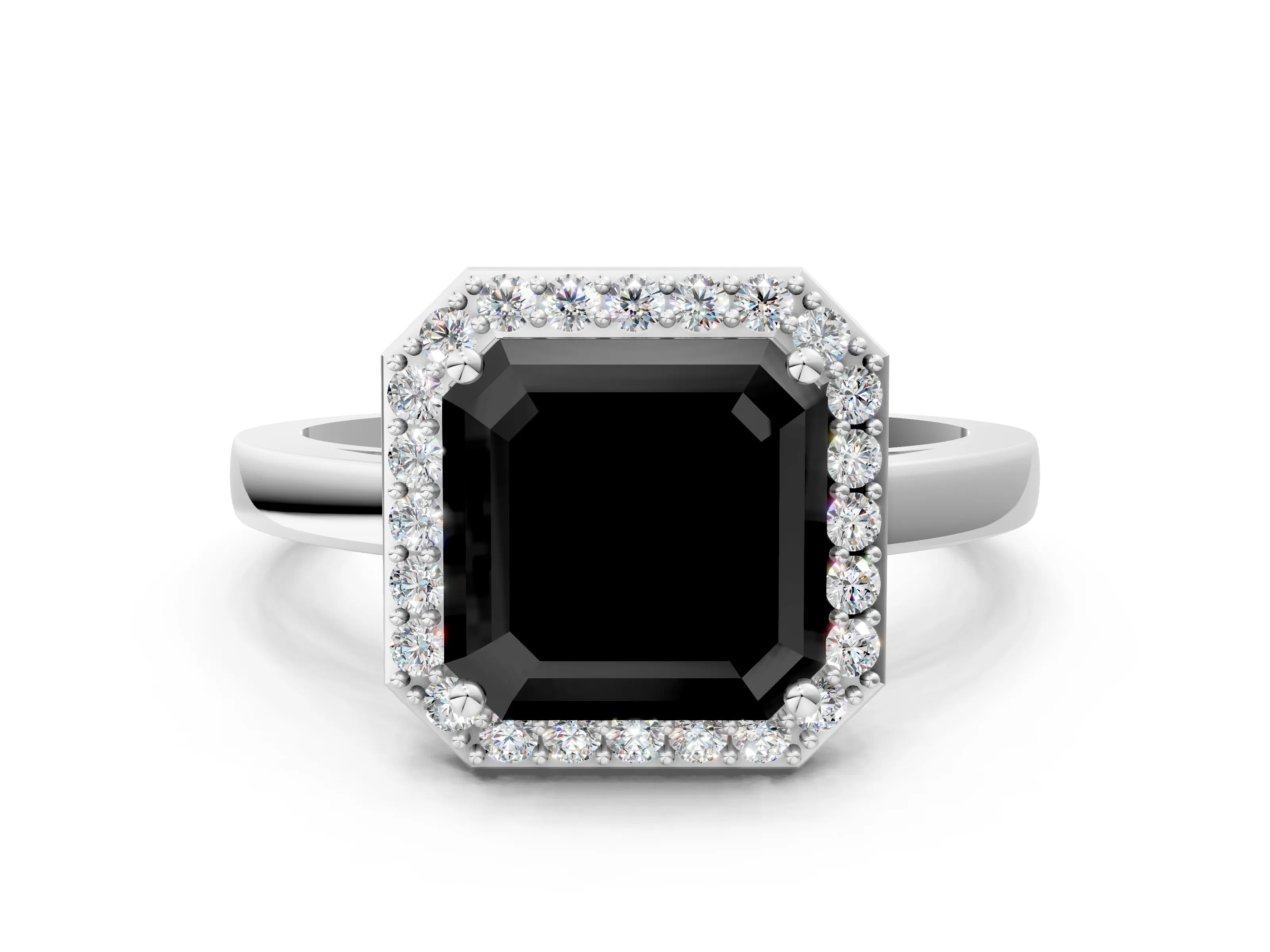 White gold Fancy Black Asscher Cut Halo Diamond Ring with Solitaire Band and Prong Setting