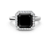 White gold Fancy Black Asscher Cut Halo Diamond Ring with Solitaire Band and Prong Setting