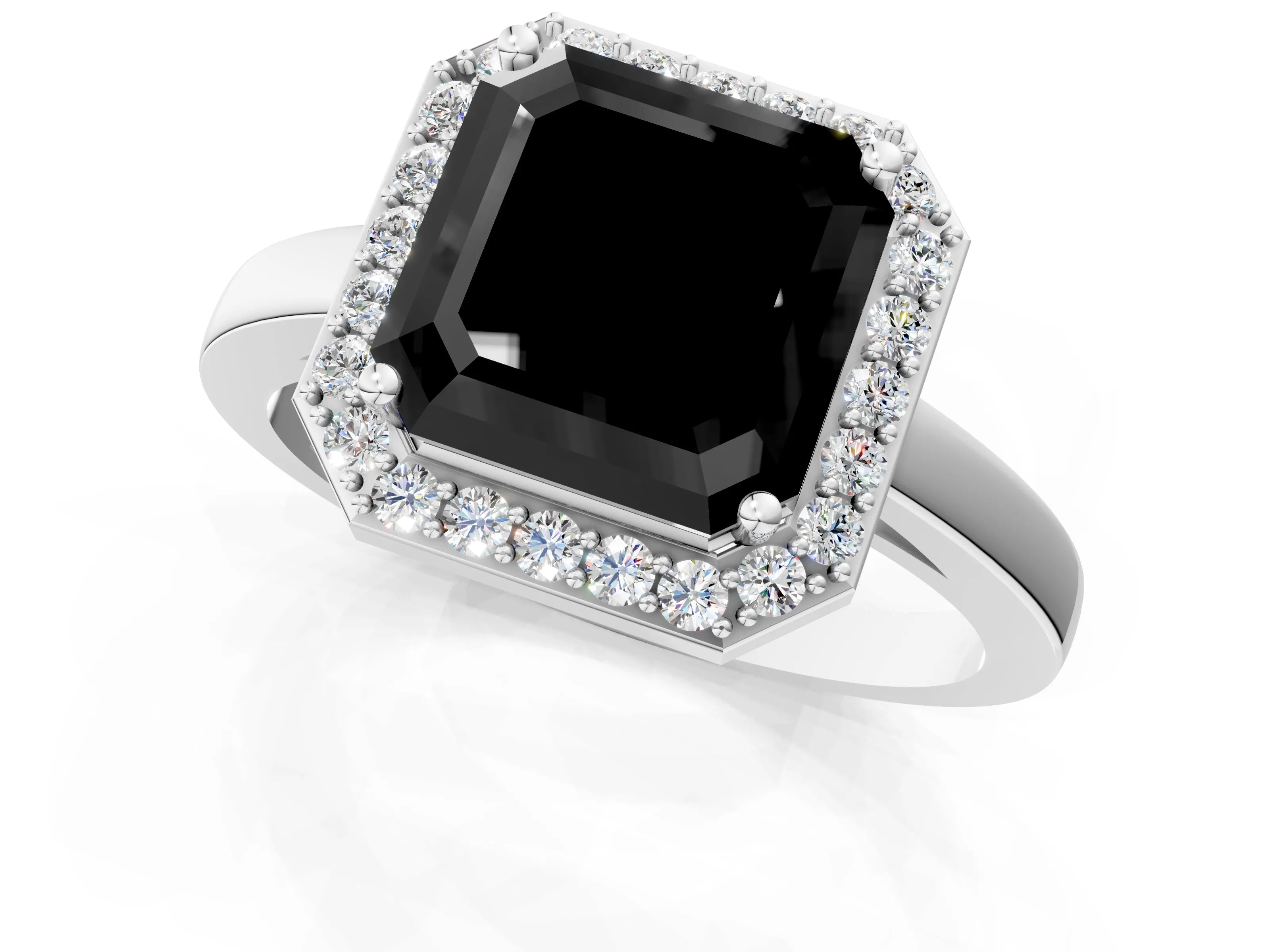 White gold Fancy Black Asscher Cut Halo Diamond Ring with Solitaire Band and Prong Setting_1