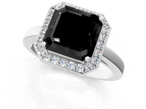 White gold Fancy Black Asscher Cut Halo Diamond Ring with Solitaire Band and Prong Setting_1