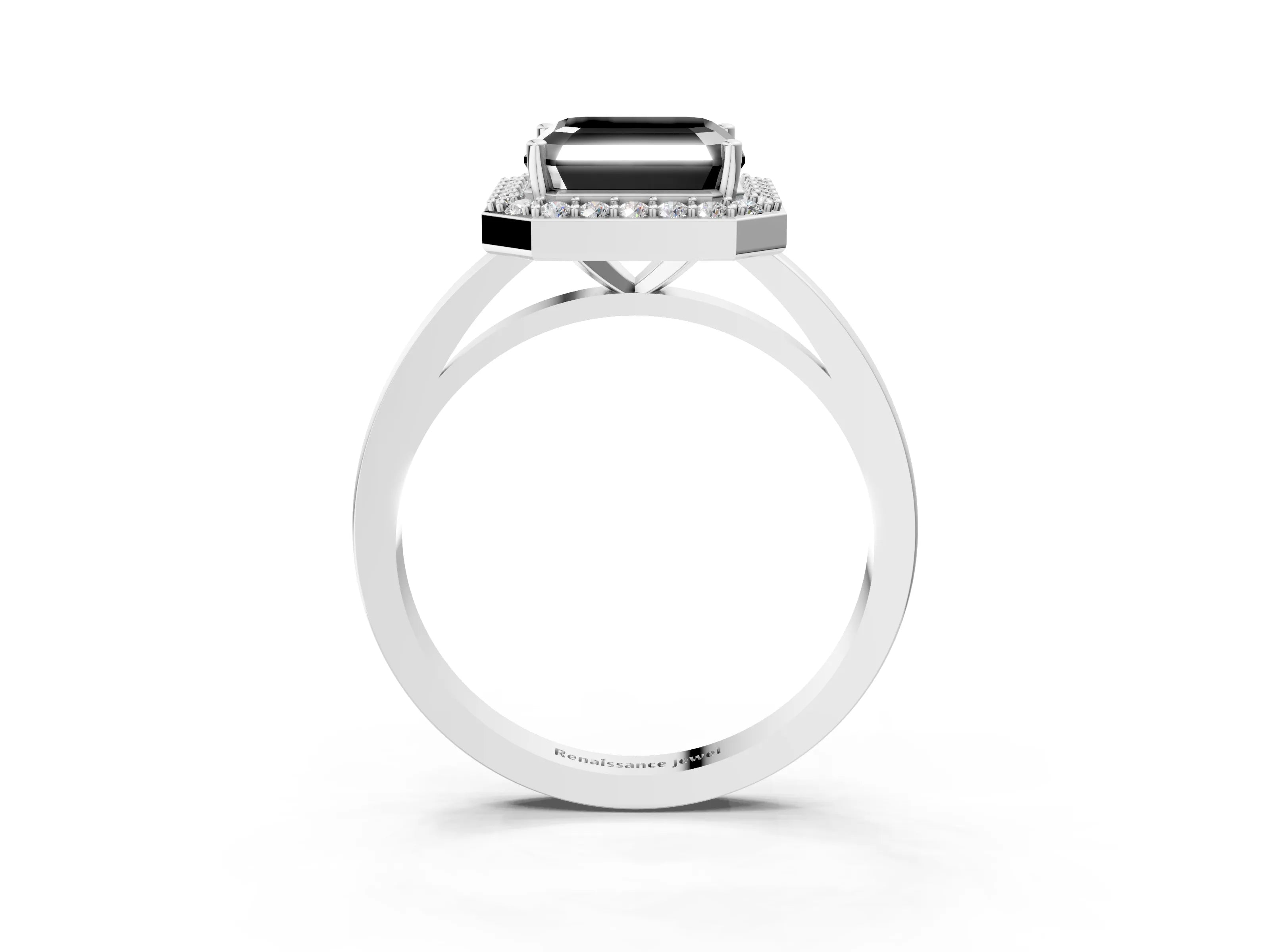 White gold Fancy Black Asscher Cut Halo Diamond Ring with Solitaire Band and Prong Setting_3