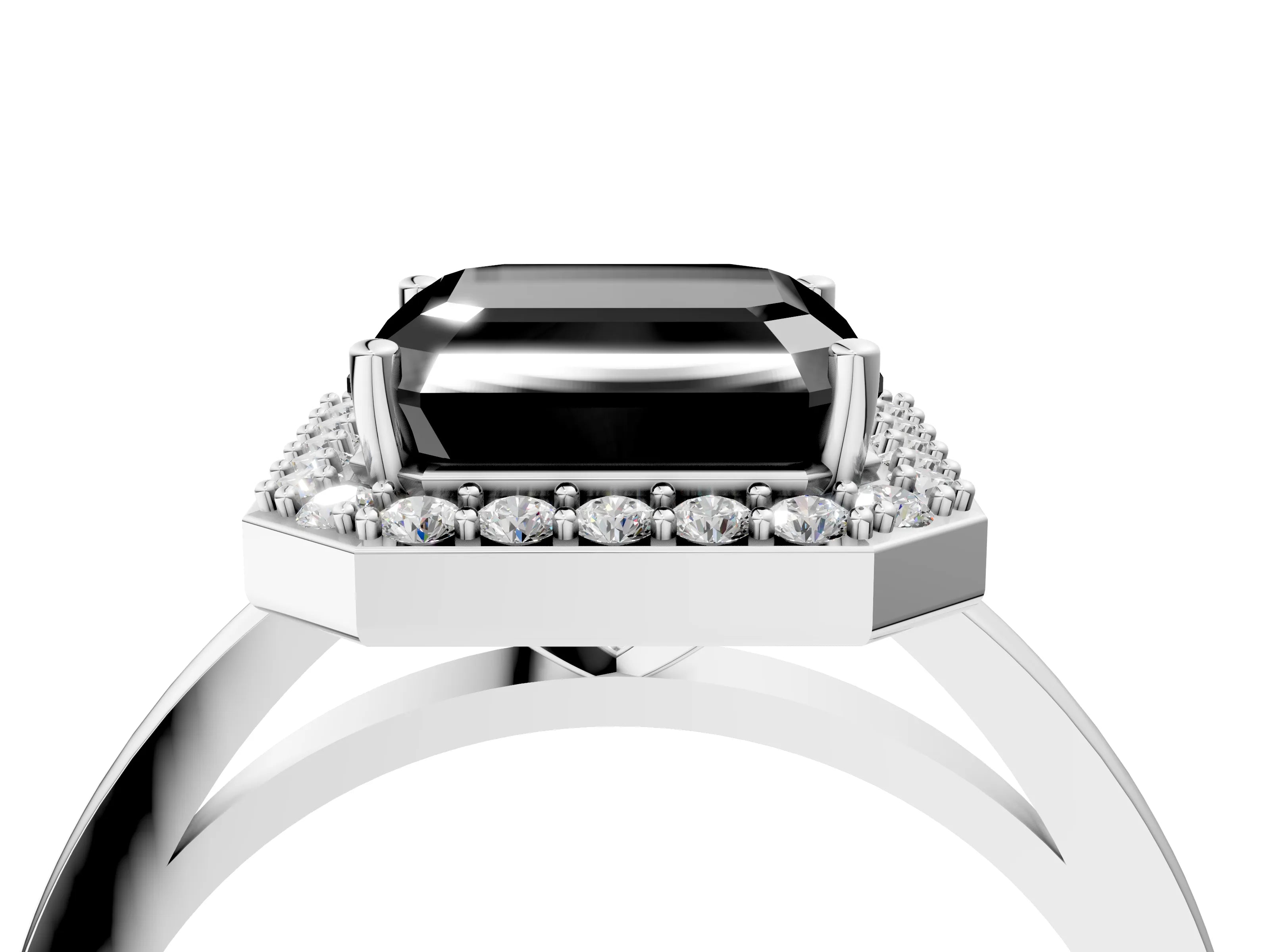White gold Fancy Black Asscher Cut Halo Diamond Ring with Solitaire Band and Prong Setting_4