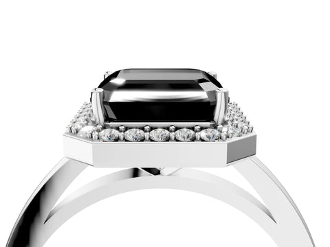 White gold Fancy Black Asscher Cut Halo Diamond Ring with Solitaire Band and Prong Setting_4