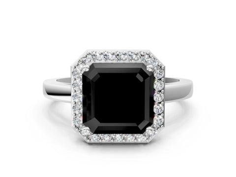White gold Fancy Black Asscher Cut Halo Diamond Ring with Solitaire Band and Prong Setting