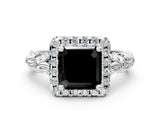 White gold Fancy Black Asscher Cut Halo Diamond Solitaire with Filigree Band and Four-Prong Setting
