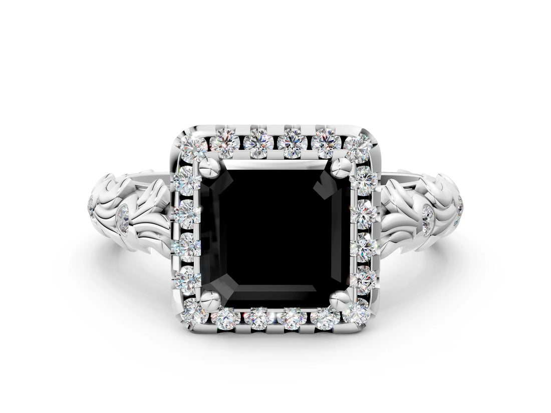 White gold Fancy Black Asscher Cut Halo Diamond Solitaire with Filigree Band and Four-Prong Setting