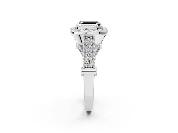 White Gold Asscher Cut Vintage Bezel Halo Engagement Ring Setting for Black Center