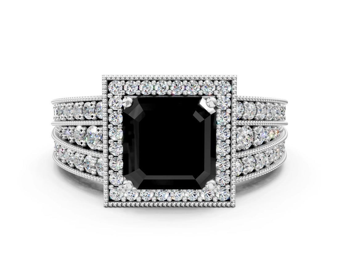 White gold Fancy Black Asscher Cut Halo Diamond Split Shank Ring with Prong Setting