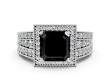 White gold Fancy Black Asscher Cut Halo Diamond Split Shank Ring with Prong Setting