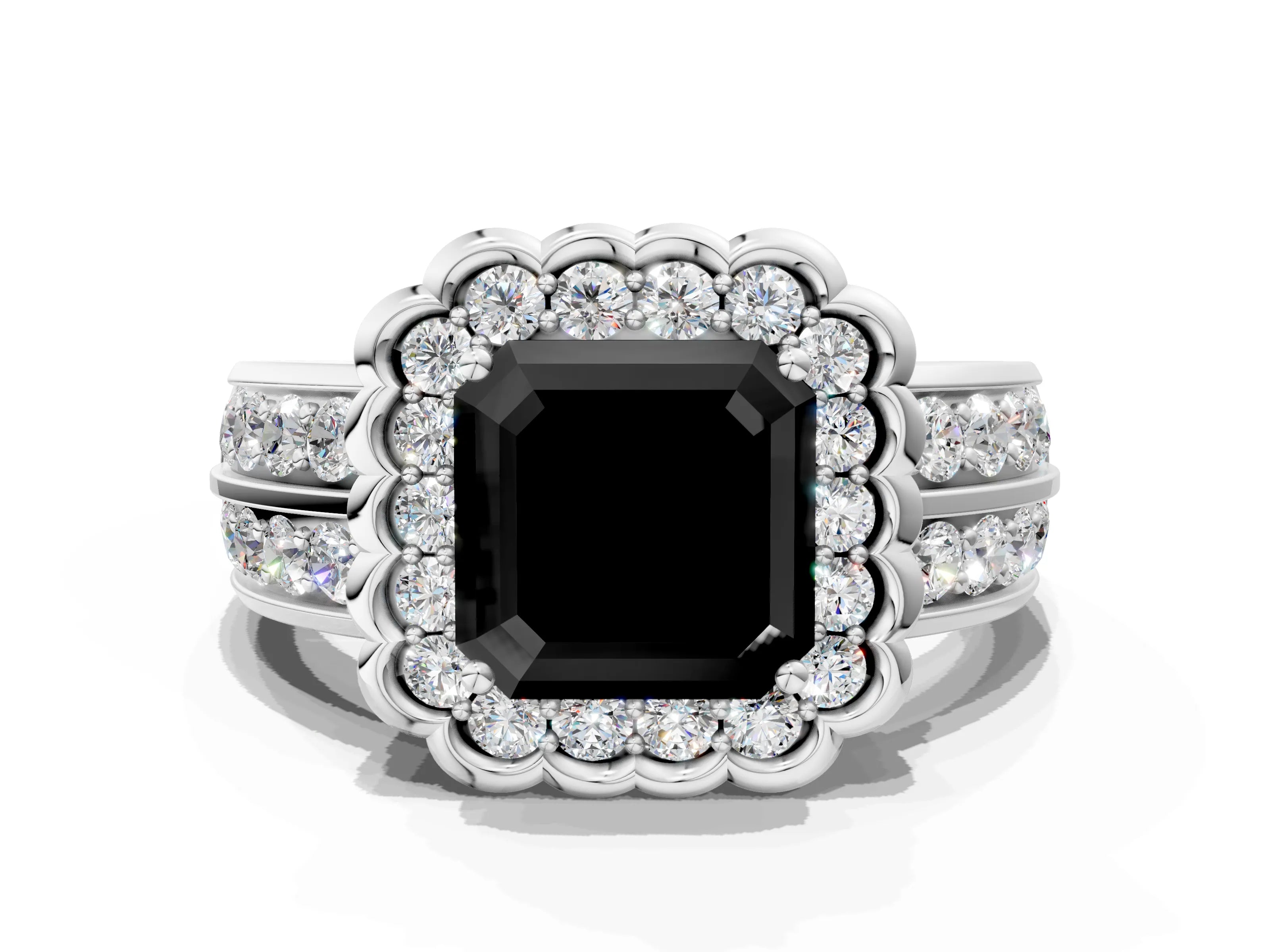 White gold Fancy Black Asscher Cut Halo Diamond Split Shank Ring with Scalloped Prong Setting_12