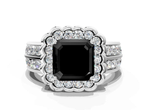 White gold Fancy Black Asscher Cut Halo Diamond Split Shank Ring with Scalloped Prong Setting_12