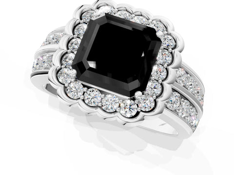 White gold Fancy Black Asscher Cut Halo Diamond Split Shank Ring with Scalloped Prong Setting_13