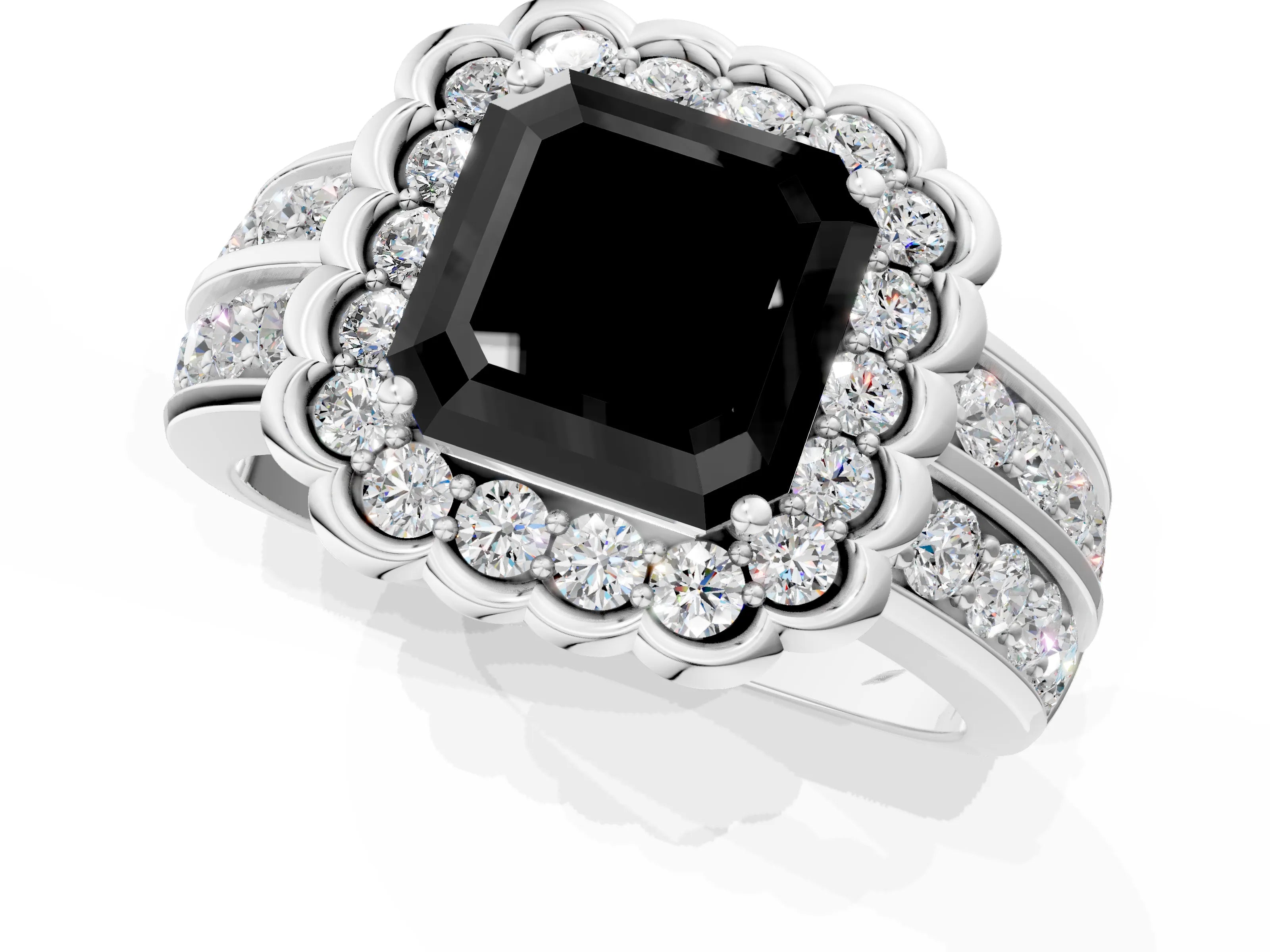White gold Fancy Black Asscher Cut Halo Diamond Split Shank Ring with Scalloped Prong Setting_13