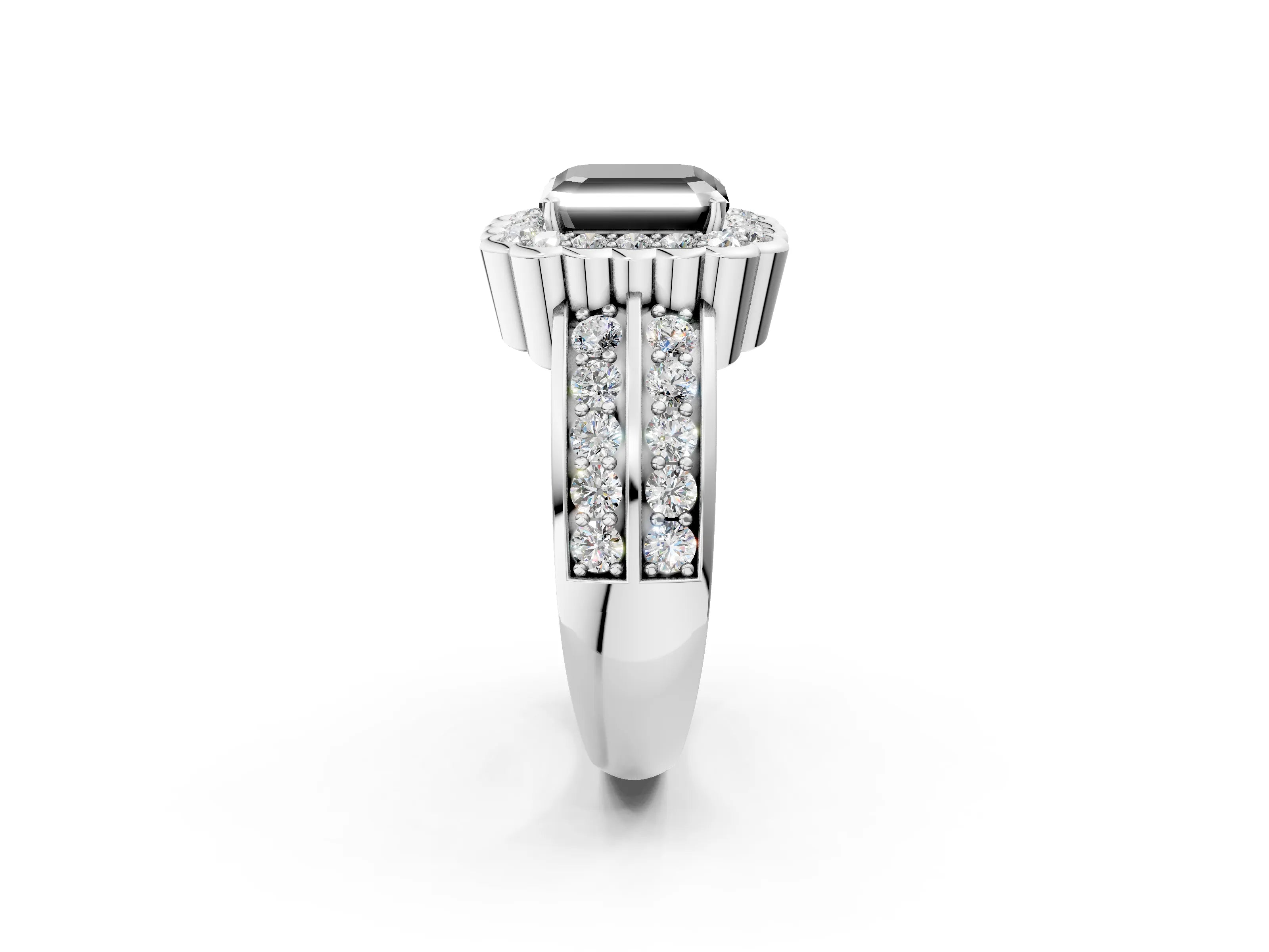White gold Fancy Black Asscher Cut Halo Diamond Split Shank Ring with Scalloped Prong Setting_14