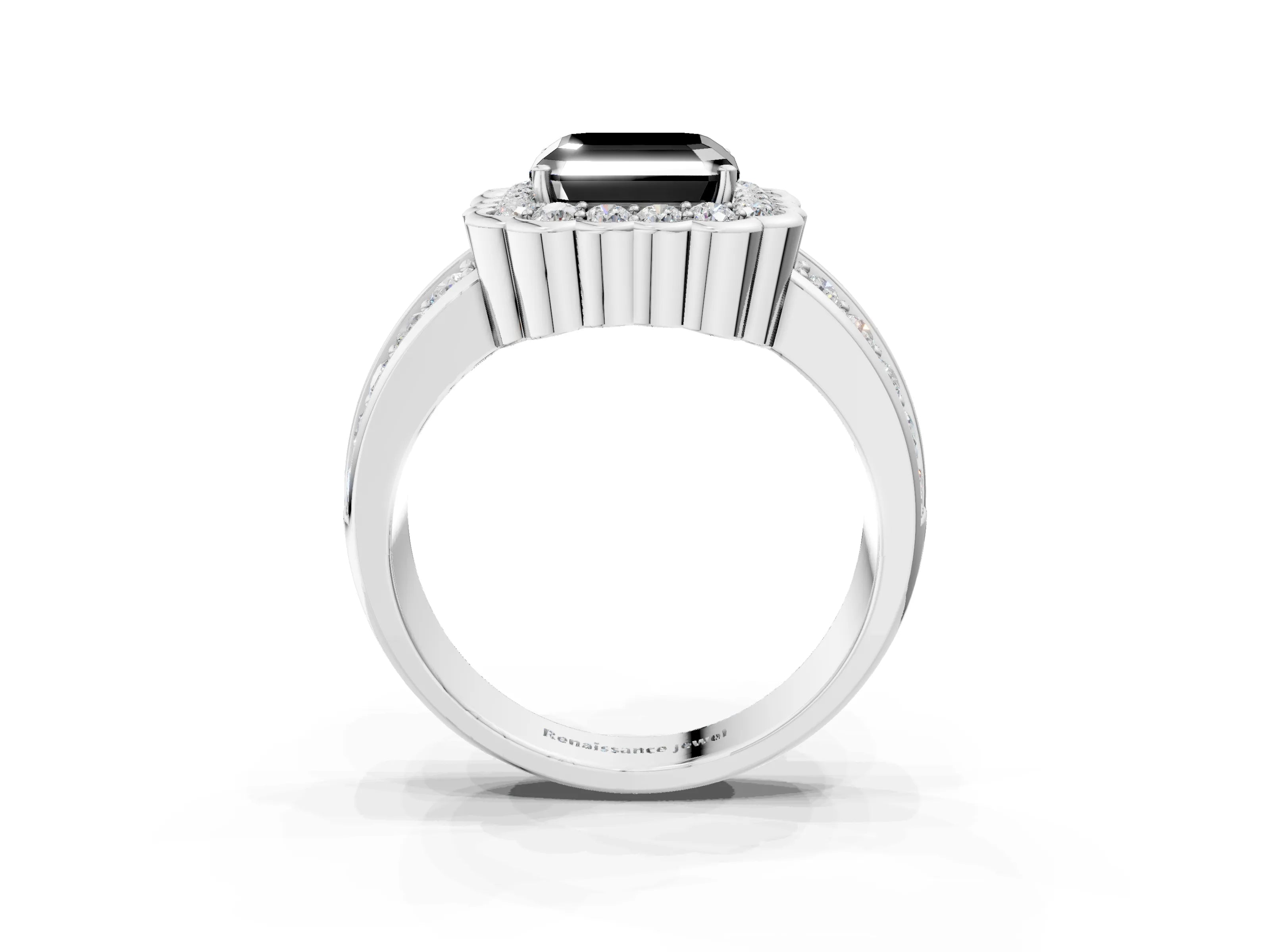 White gold Fancy Black Asscher Cut Halo Diamond Split Shank Ring with Scalloped Prong Setting_15