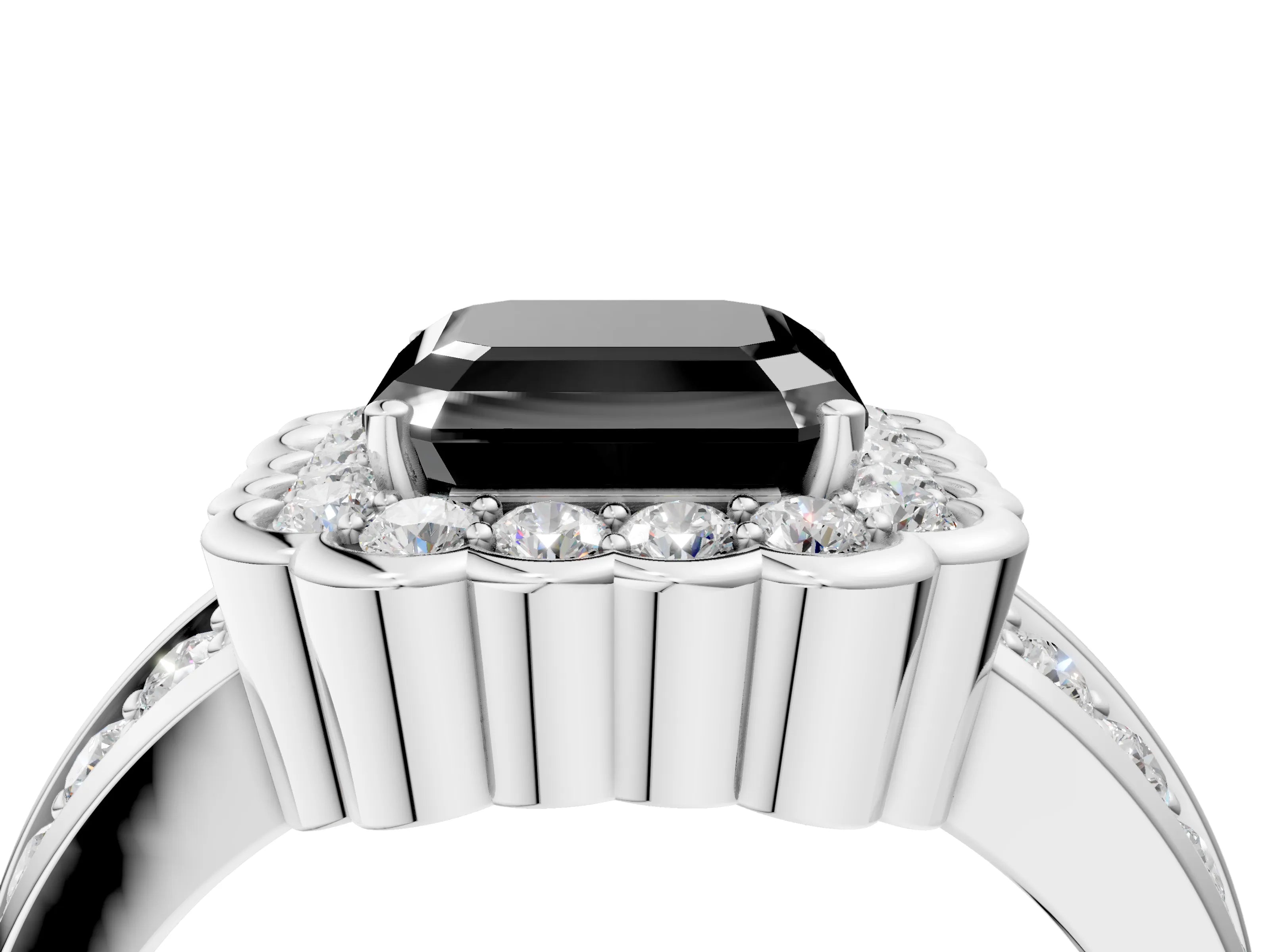 White gold Fancy Black Asscher Cut Halo Diamond Split Shank Ring with Scalloped Prong Setting_16