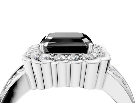 White gold Fancy Black Asscher Cut Halo Diamond Split Shank Ring with Scalloped Prong Setting_16