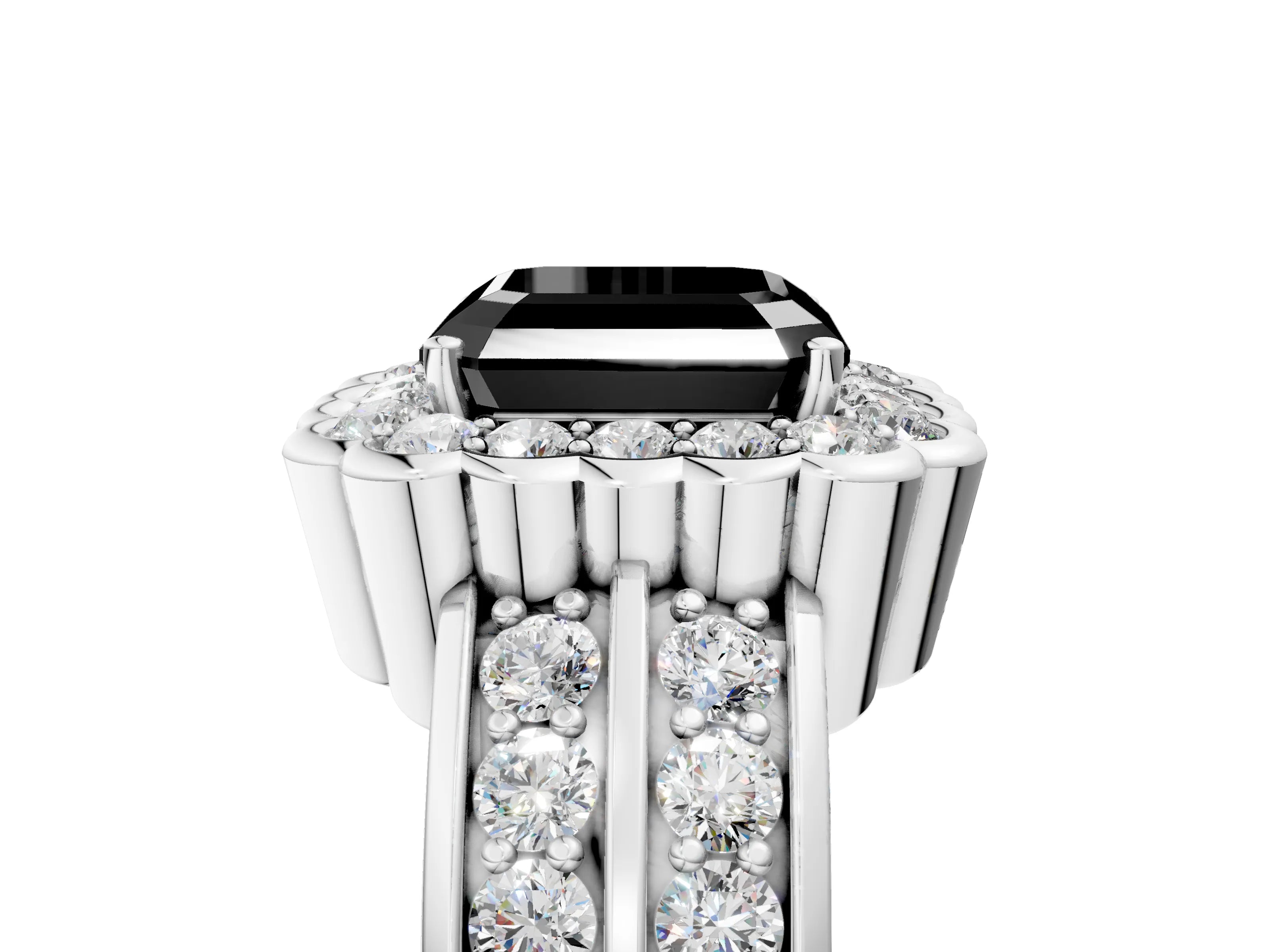 White gold Fancy Black Asscher Cut Halo Diamond Split Shank Ring with Scalloped Prong Setting_17