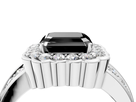 White gold Fancy Black Asscher Cut Halo Diamond Split Shank Ring with Scalloped Prong Setting_4