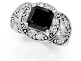 White gold Fancy Black Asscher Cut Halo Milgrain Diamond Engagement Ring with Leaf Band and Four-Prong Setting_1