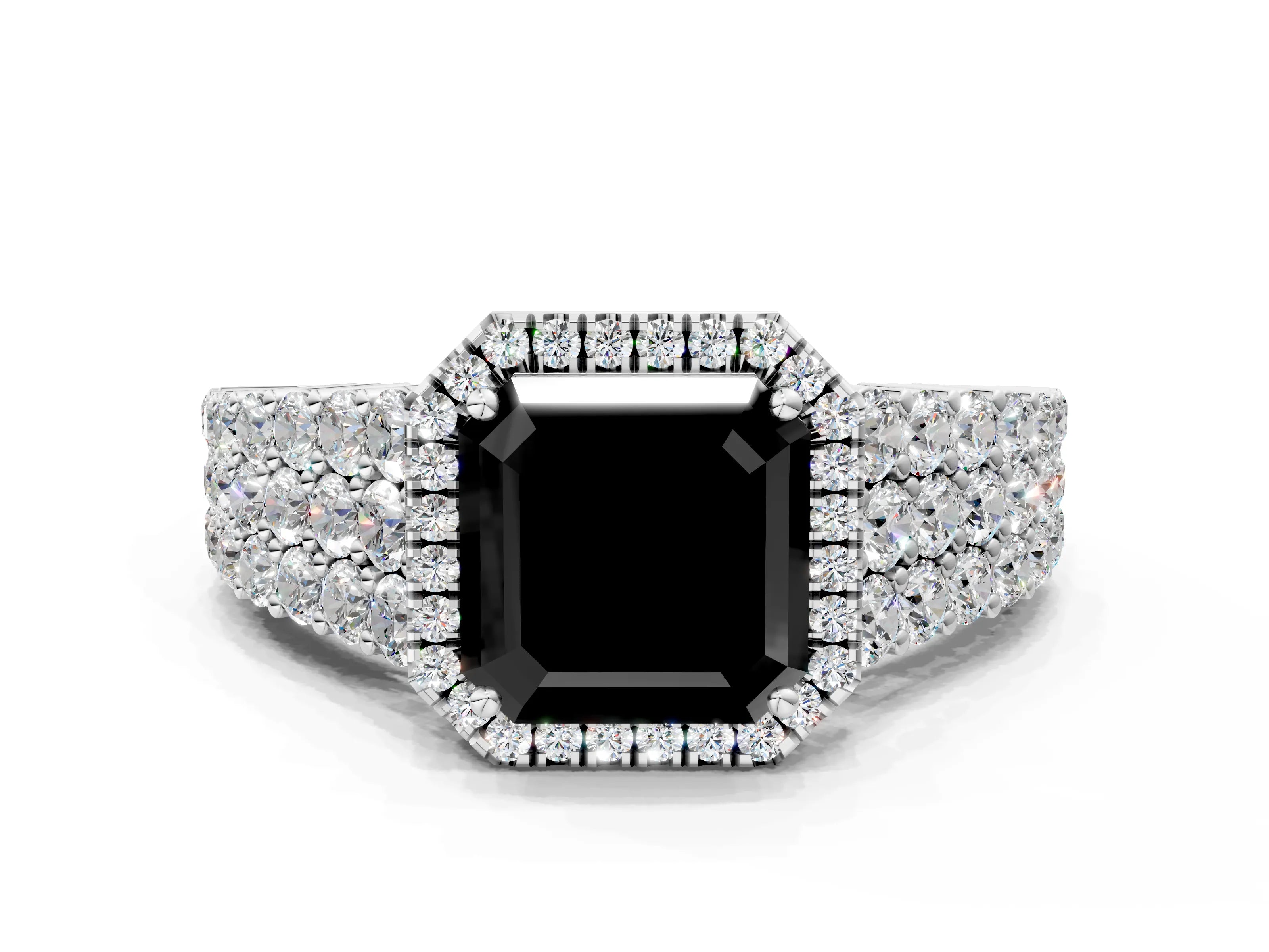 White gold Fancy Black Asscher Cut Halo Pavé Diamond Engagement Ring with Split Shank and Four-Prong Setting_3