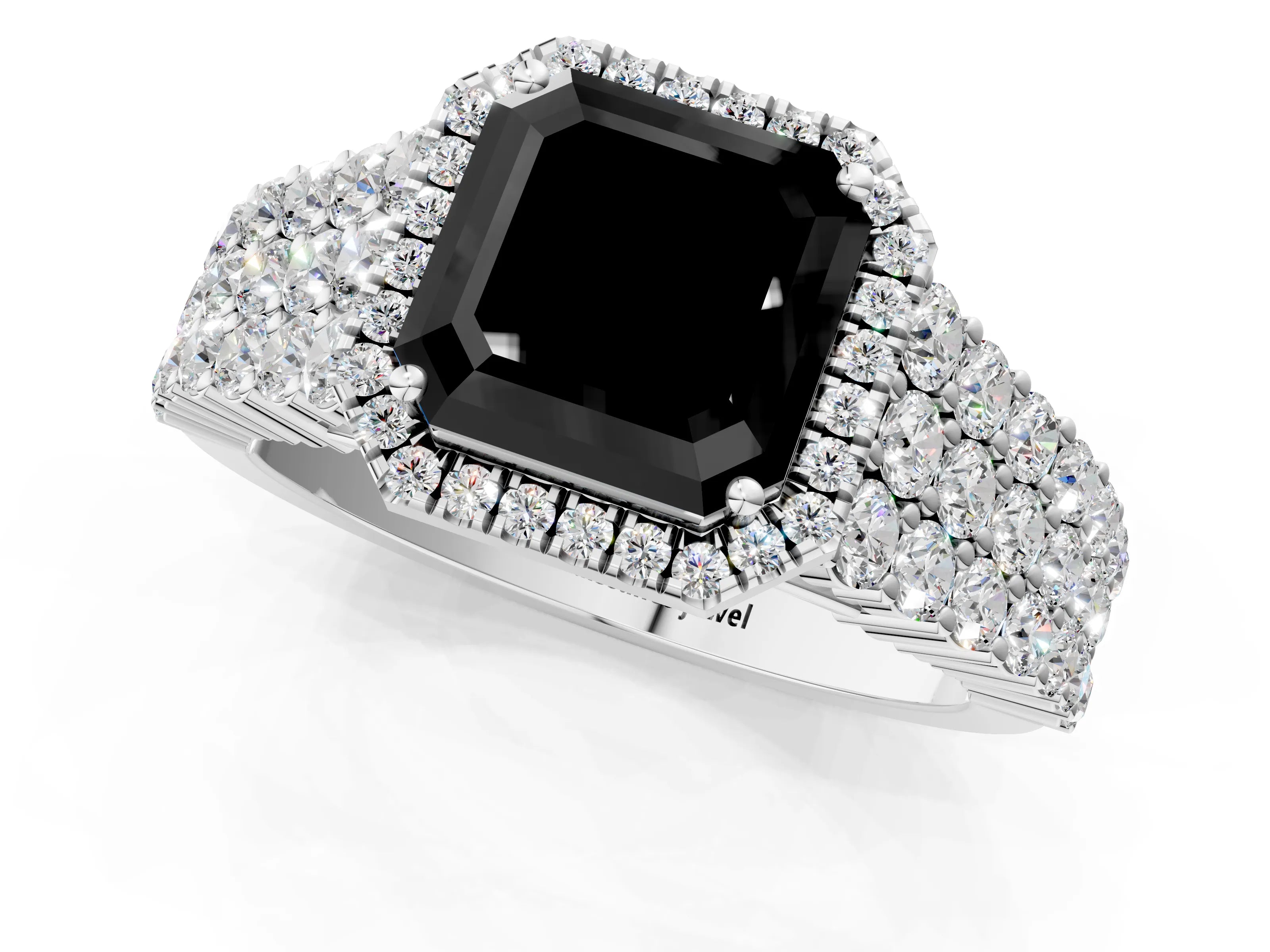 White gold Fancy Black Asscher Cut Halo Pavé Diamond Engagement Ring with Split Shank and Four-Prong Setting_4